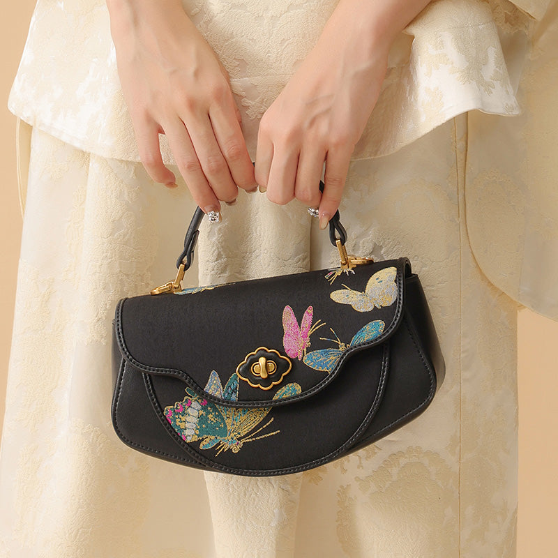 Butterfly Saddle Bag Black Cowhide Leather &amp; Song Brocade Silk Shell Inlay Detail
