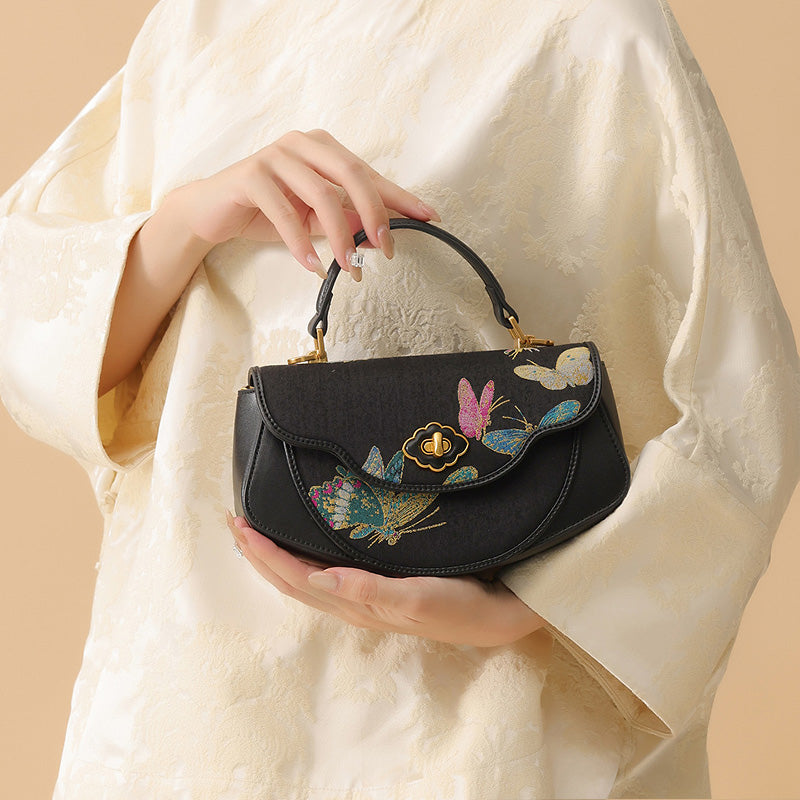 Butterfly Saddle Bag Black Cowhide Leather &amp; Song Brocade Silk Shell Inlay Detail
