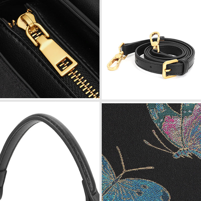 Butterfly Saddle Bag Black Cowhide Leather &amp; Song Brocade Silk Shell Inlay Detail