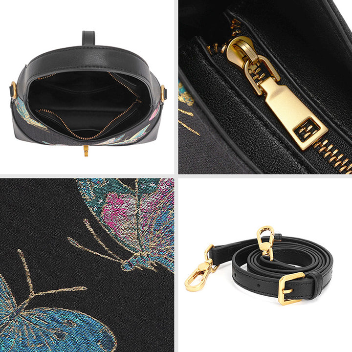 Butterfly Underarm Bag Black Leather &amp; Song Brocade Silk Shell Inlay Detail