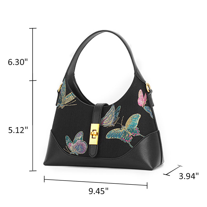 Butterfly Underarm Bag Black Leather &amp; Song Brocade Silk Shell Inlay Detail
