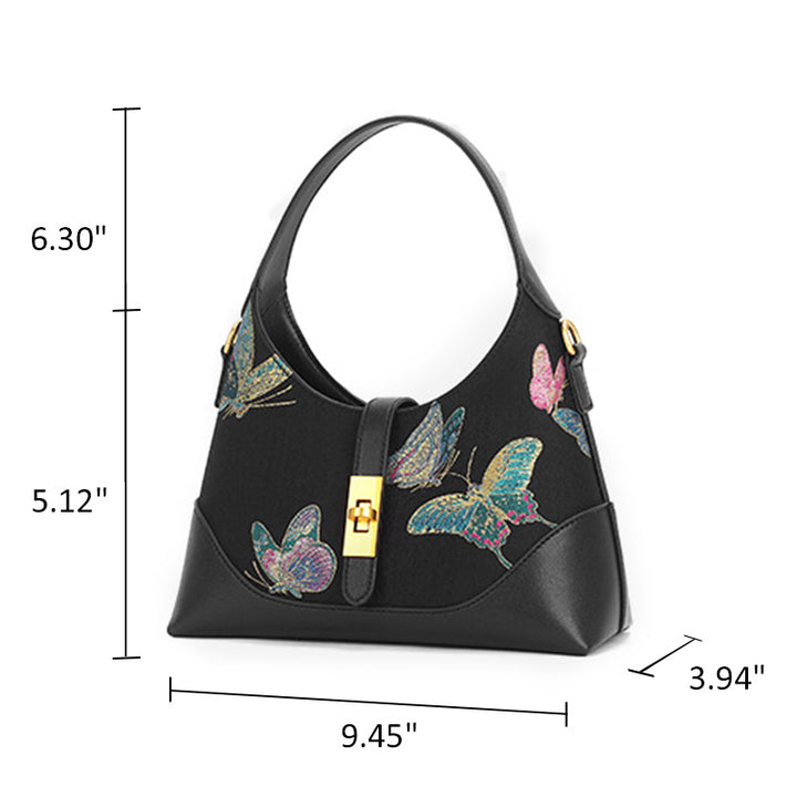 Butterfly Underarm Bag Black Leather &amp; Song Brocade Silk Shell Inlay Detail
