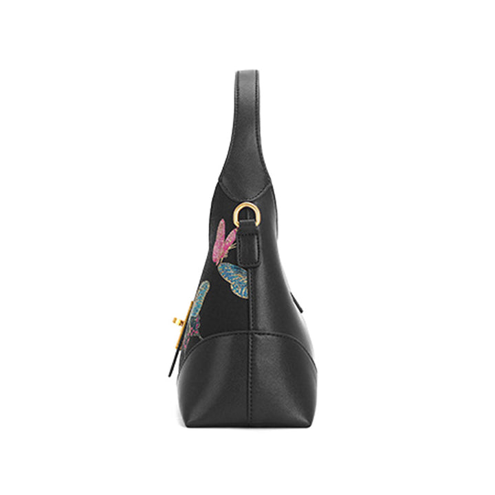Butterfly Underarm Bag Black Leather &amp; Song Brocade Silk Shell Inlay Detail