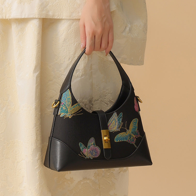 Butterfly Underarm Bag Black Leather &amp; Song Brocade Silk Shell Inlay Detail