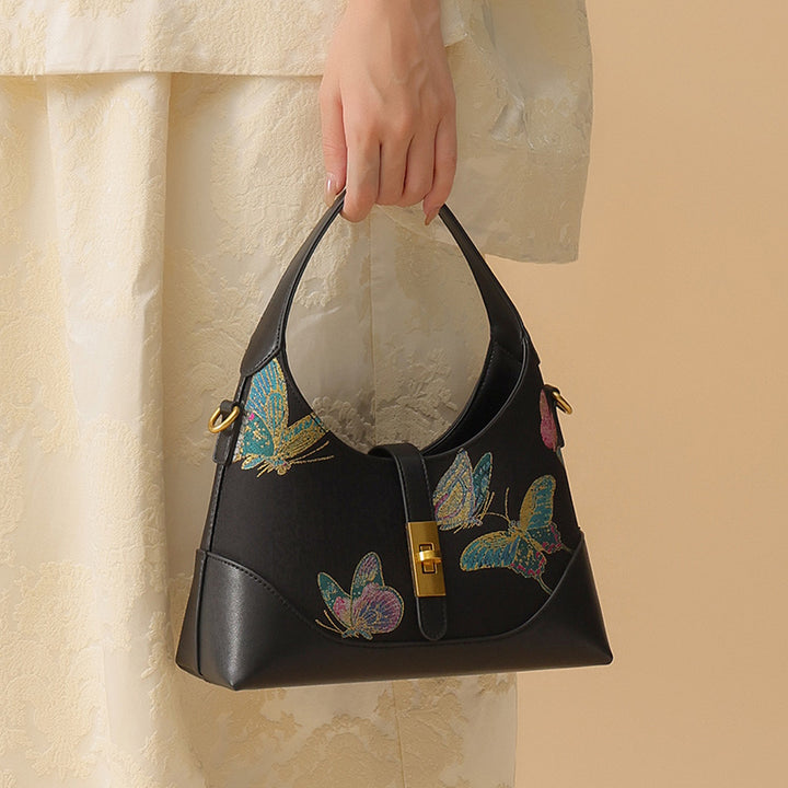 Butterfly Underarm Bag Black Leather &amp; Song Brocade Silk Shell Inlay Detail