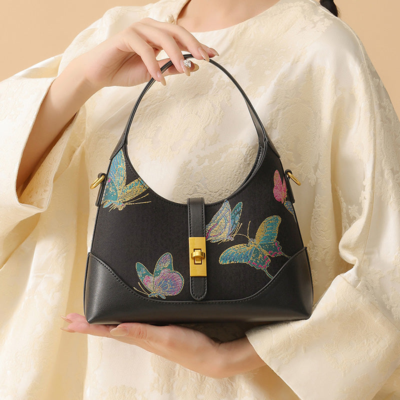 Butterfly Underarm Bag Black Leather &amp; Song Brocade Silk Shell Inlay Detail