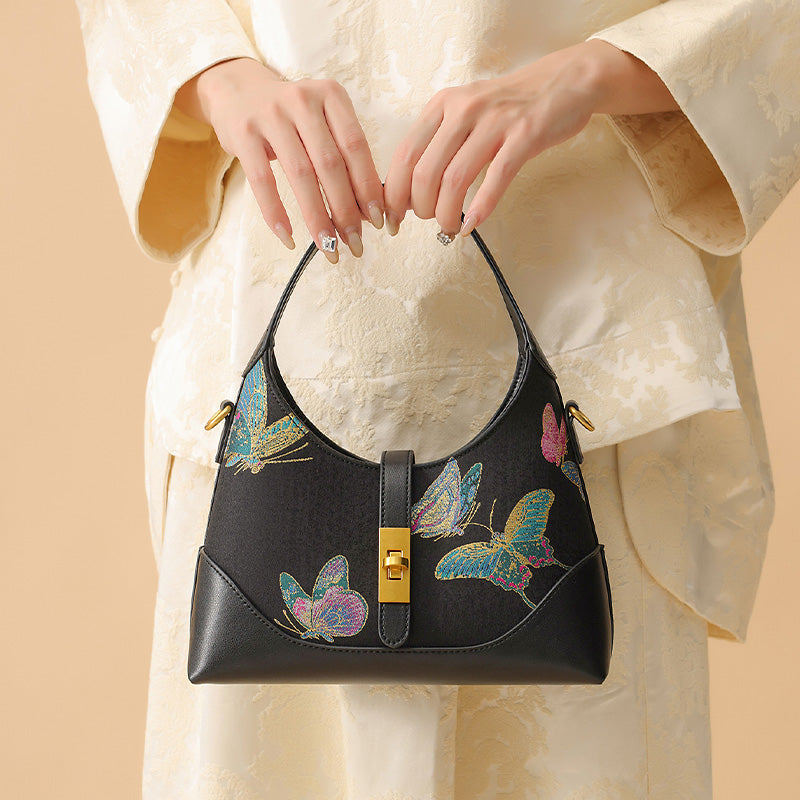 Butterfly Underarm Bag Black Leather &amp; Song Brocade Silk Shell Inlay Detail