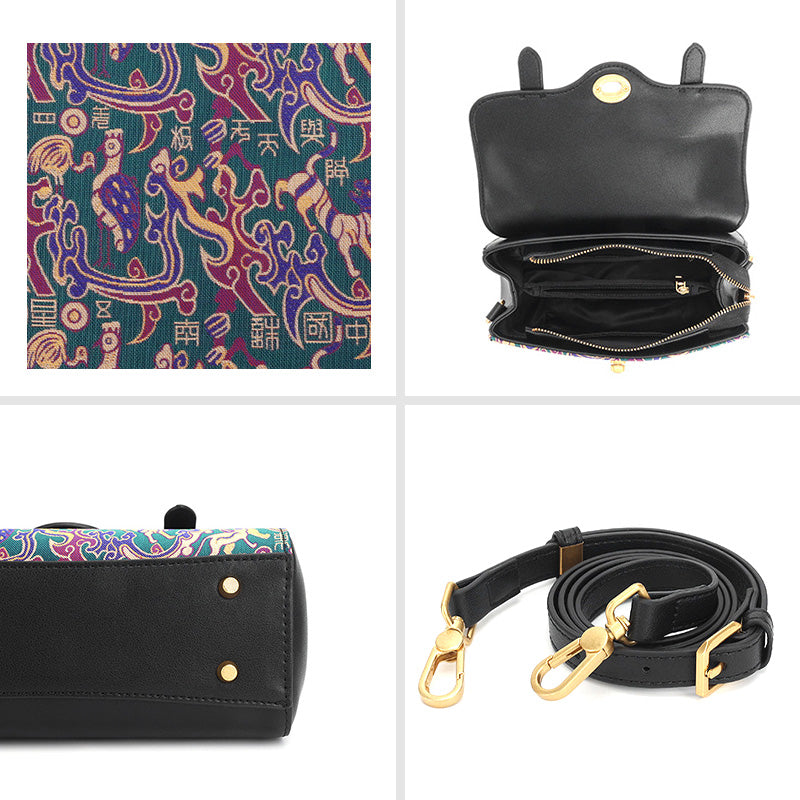 Five Stars Satchel Bag Black Leather &amp; Shu Brocade Silk Han Dynasty Motif