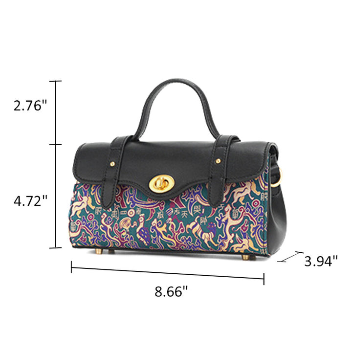 Five Stars Satchel Bag Black Leather &amp; Shu Brocade Silk Han Dynasty Motif