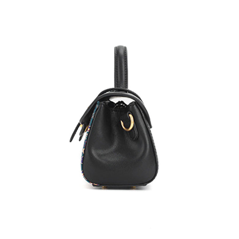 Five Stars Satchel Bag Black Leather &amp; Shu Brocade Silk Han Dynasty Motif