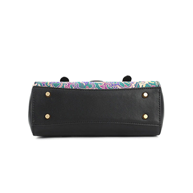 Five Stars Satchel Bag Black Leather &amp; Shu Brocade Silk Han Dynasty Motif