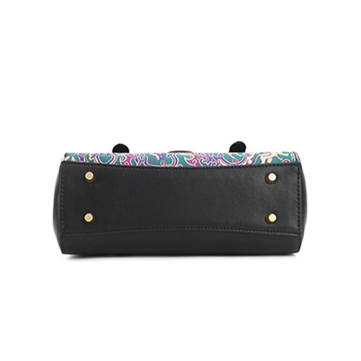 Five Stars Satchel Bag Black Leather &amp; Shu Brocade Silk Han Dynasty Motif