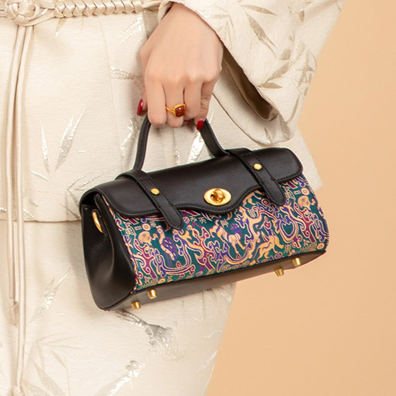 Five Stars Satchel Bag Black Leather &amp; Shu Brocade Silk Han Dynasty Motif