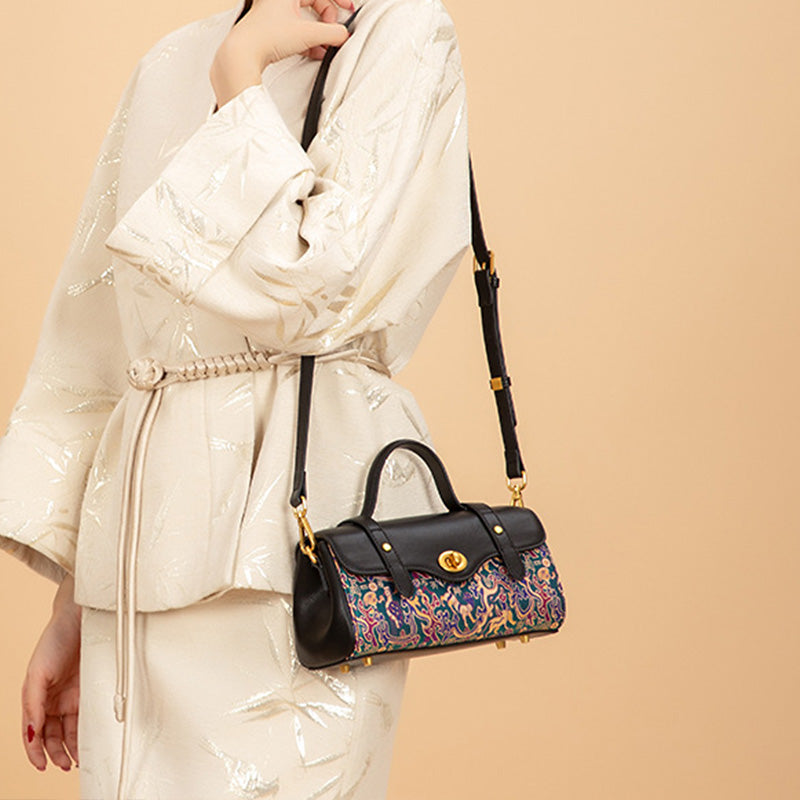 Five Stars Satchel Bag Black Leather &amp; Shu Brocade Silk Han Dynasty Motif