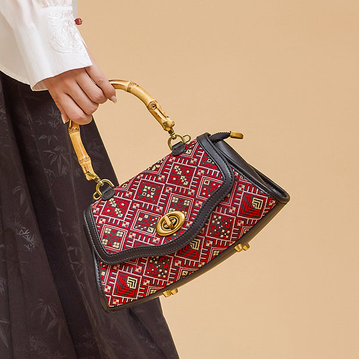 Bamboo Handle Bag Red Leather &amp; Zhuang Brocade Silk Chinese Ethnic Handbag