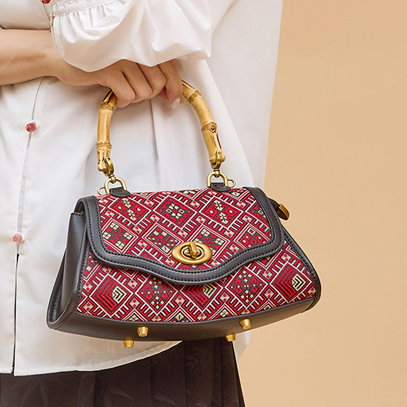 Bamboo Handle Bag Red Leather &amp; Zhuang Brocade Silk Chinese Ethnic Handbag