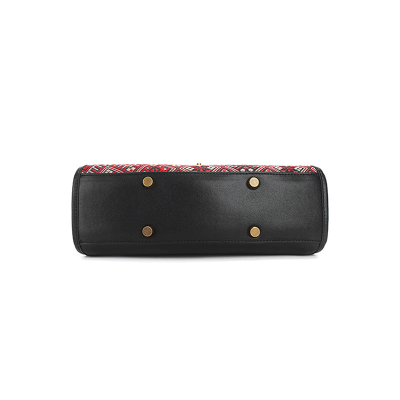Bamboo Handle Bag Red Leather &amp; Zhuang Brocade Silk Chinese Ethnic Handbag