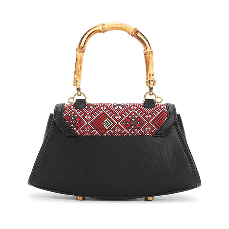 Bamboo Handle Bag Red Leather &amp; Zhuang Brocade Silk Chinese Ethnic Handbag