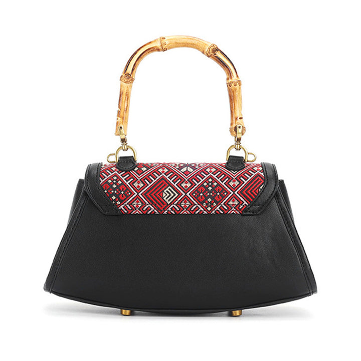 Bamboo Handle Bag Red Leather &amp; Zhuang Brocade Silk Chinese Ethnic Handbag