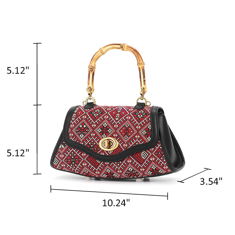 Bamboo Handle Bag Red Leather &amp; Zhuang Brocade Silk Chinese Ethnic Handbag