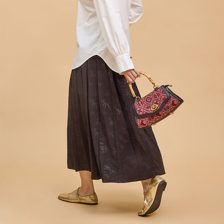 Bamboo Handle Bag Red Leather &amp; Zhuang Brocade Silk Chinese Ethnic Handbag