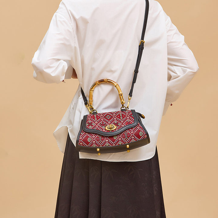 Bamboo Handle Bag Red Leather &amp; Zhuang Brocade Silk Chinese Ethnic Handbag
