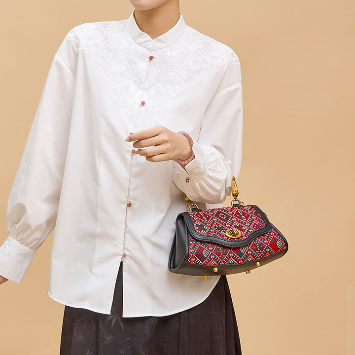 Bamboo Handle Bag Red Leather &amp; Zhuang Brocade Silk Chinese Ethnic Handbag