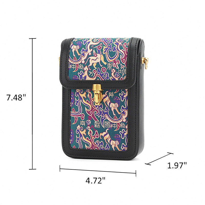 Mini Phone Crossbody Bag Black Leather &amp; Shu Brocade Five Stars Motif