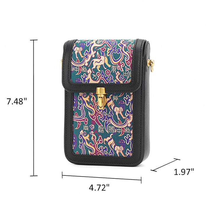 Mini Phone Crossbody Bag Black Leather &amp; Shu Brocade Five Stars Motif