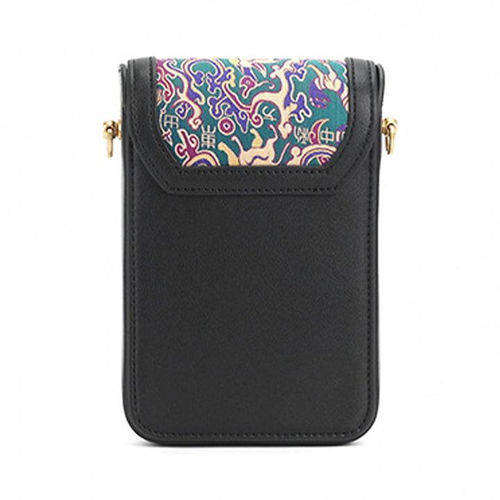 Mini Phone Crossbody Bag Black Leather &amp; Shu Brocade Five Stars Motif