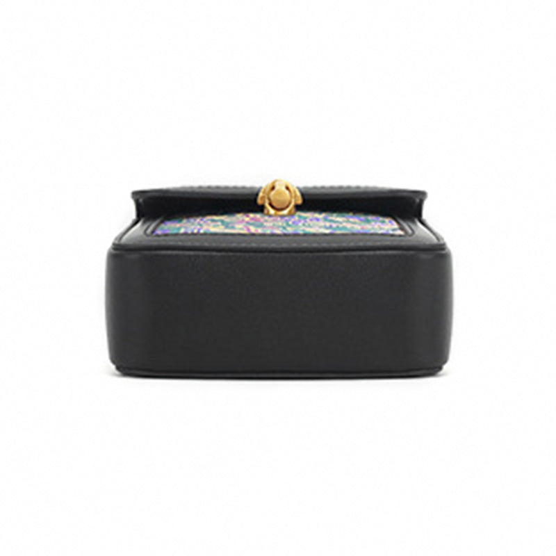 Mini Phone Crossbody Bag Black Leather &amp; Shu Brocade Five Stars Motif