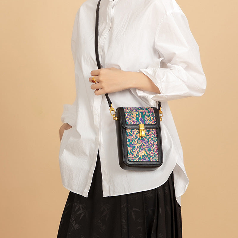 Mini Phone Crossbody Bag Black Leather &amp; Shu Brocade Five Stars Motif