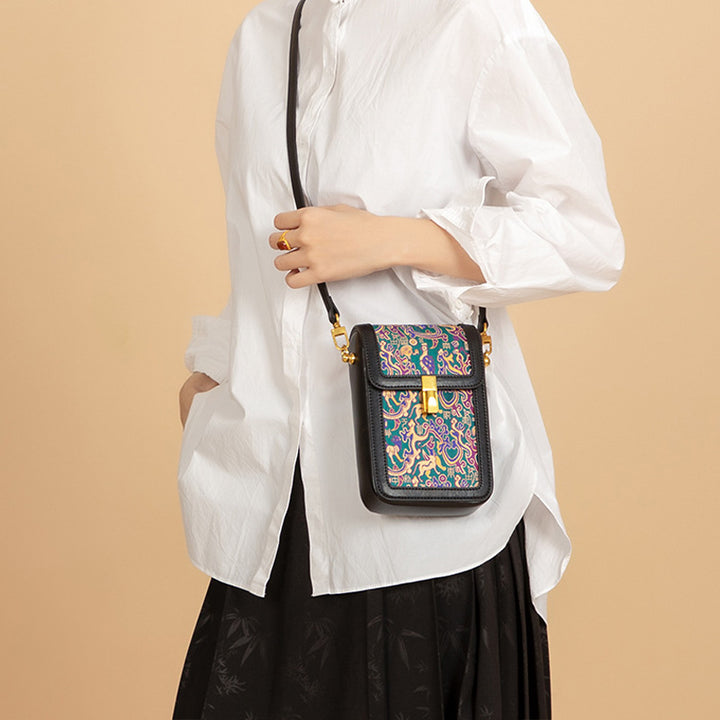 Mini Phone Crossbody Bag Black Leather &amp; Shu Brocade Five Stars Motif