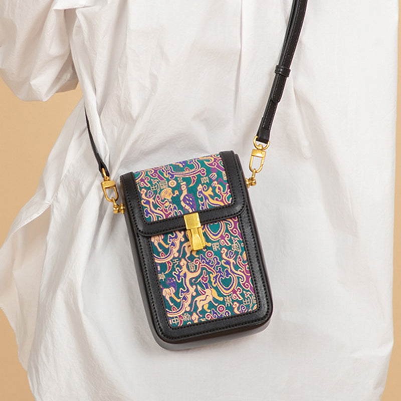Mini Phone Crossbody Bag Black Leather &amp; Shu Brocade Five Stars Motif