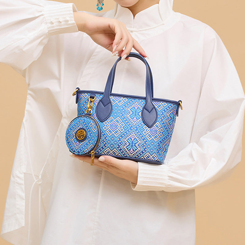 Blue Mini Tote Bag Cowhide Leather &amp; Zhuang Brocade With Matching Coin Purse