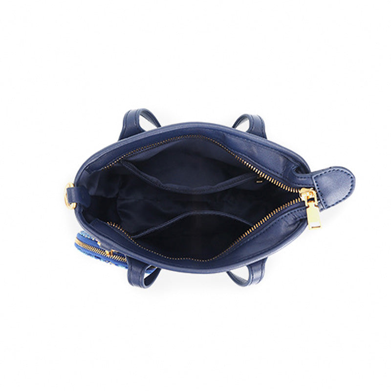 Blue Mini Tote Bag Cowhide Leather &amp; Zhuang Brocade With Matching Coin Purse