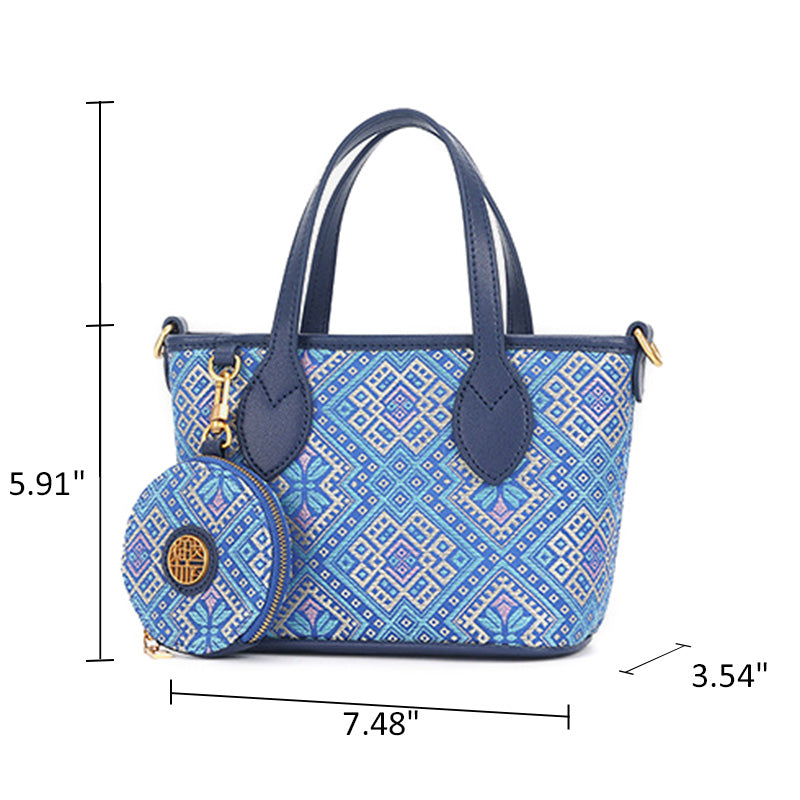Blue Mini Tote Bag Cowhide Leather &amp; Zhuang Brocade With Matching Coin Purse