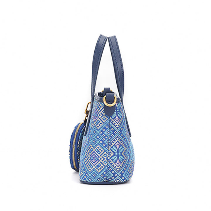 Blue Mini Tote Bag Cowhide Leather &amp; Zhuang Brocade With Matching Coin Purse