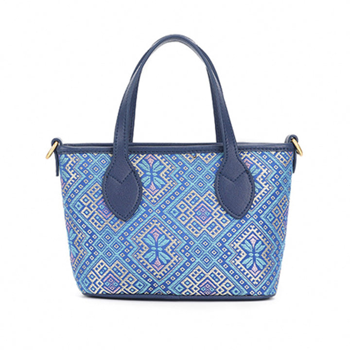Blue Mini Tote Bag Cowhide Leather &amp; Zhuang Brocade With Matching Coin Purse