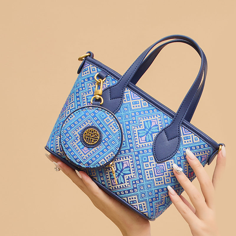 Blue Mini Tote Bag Cowhide Leather &amp; Zhuang Brocade With Matching Coin Purse