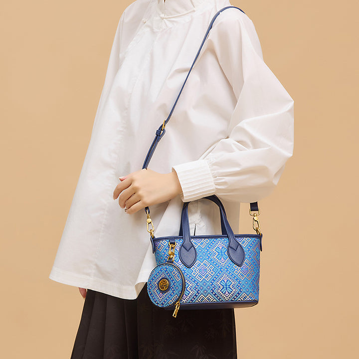 Blue Mini Tote Bag Cowhide Leather &amp; Zhuang Brocade With Matching Coin Purse
