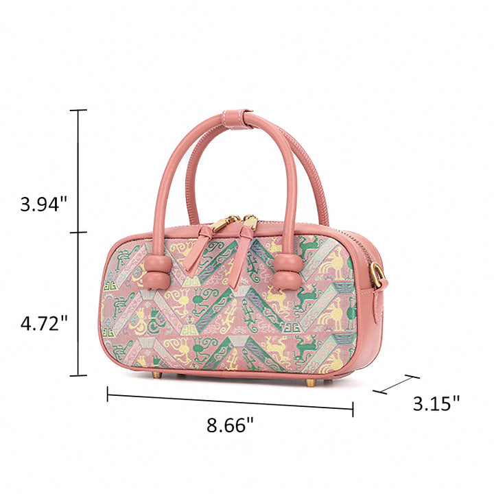 Silk Barrel Bag Cowhide Leather &amp; Shu Brocade Pink &amp; Gray Pu Tian Tong Qing