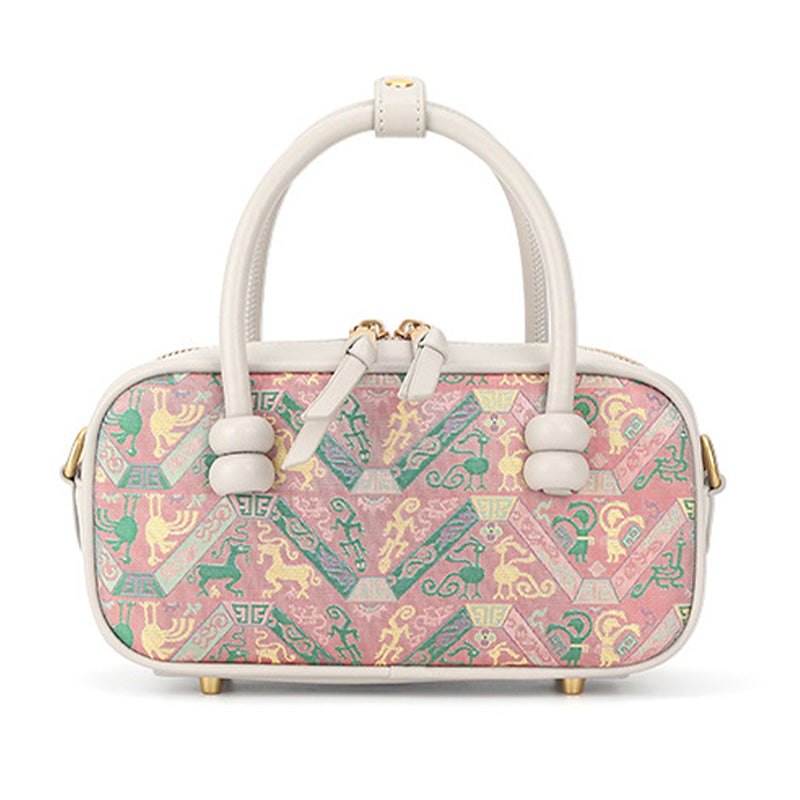 Silk Barrel Bag Cowhide Leather &amp; Shu Brocade Pink &amp; Gray Pu Tian Tong Qing