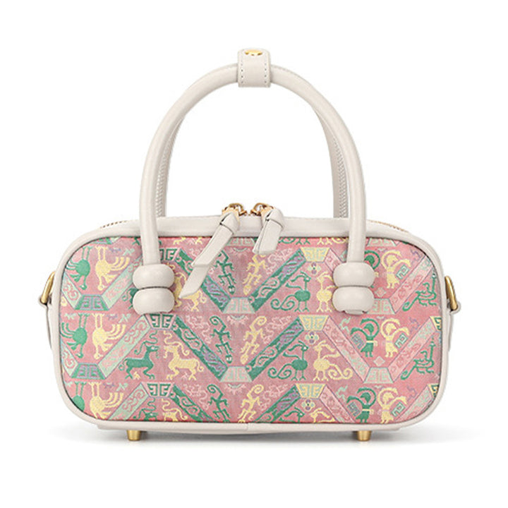 Silk Barrel Bag Cowhide Leather &amp; Shu Brocade Pink &amp; Gray Pu Tian Tong Qing