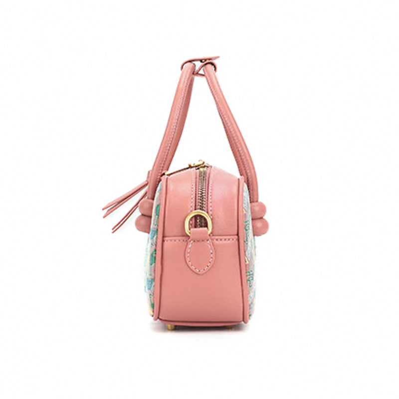 Silk Barrel Bag Cowhide Leather &amp; Shu Brocade Pink &amp; Gray Pu Tian Tong Qing