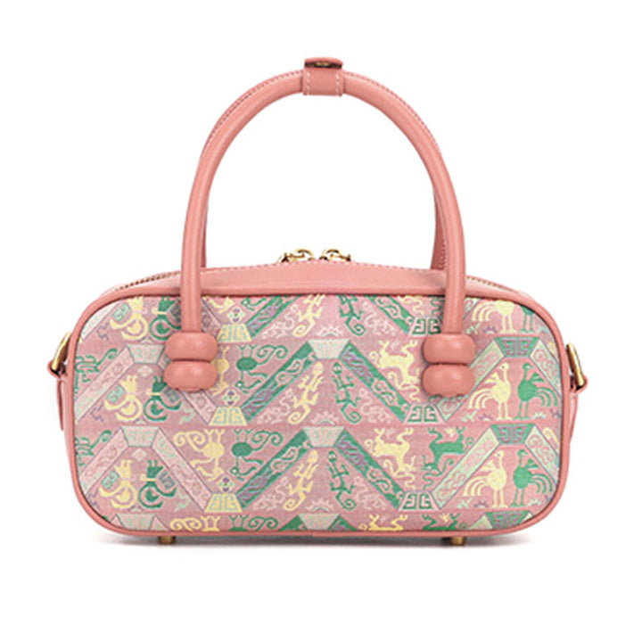 Silk Barrel Bag Cowhide Leather &amp; Shu Brocade Pink &amp; Gray Pu Tian Tong Qing