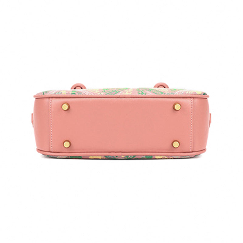 Silk Barrel Bag Cowhide Leather &amp; Shu Brocade Pink &amp; Gray Pu Tian Tong Qing