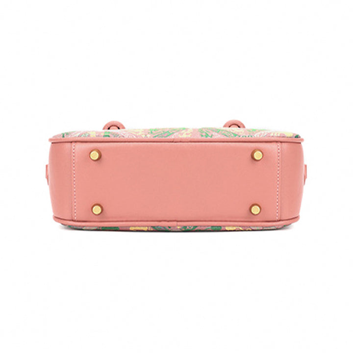Silk Barrel Bag Cowhide Leather &amp; Shu Brocade Pink &amp; Gray Pu Tian Tong Qing