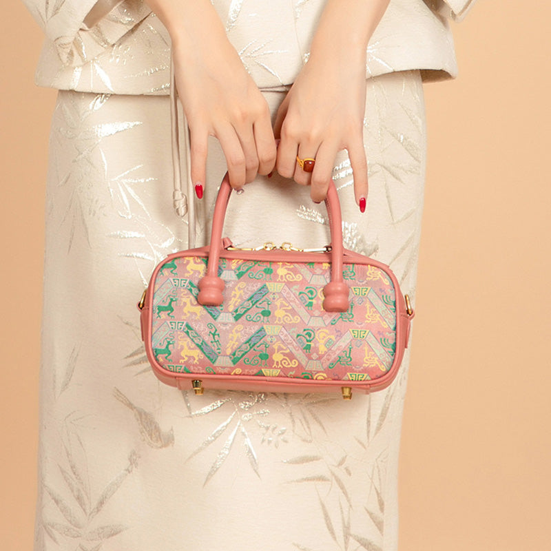 Silk Barrel Bag Cowhide Leather &amp; Shu Brocade Pink &amp; Gray Pu Tian Tong Qing