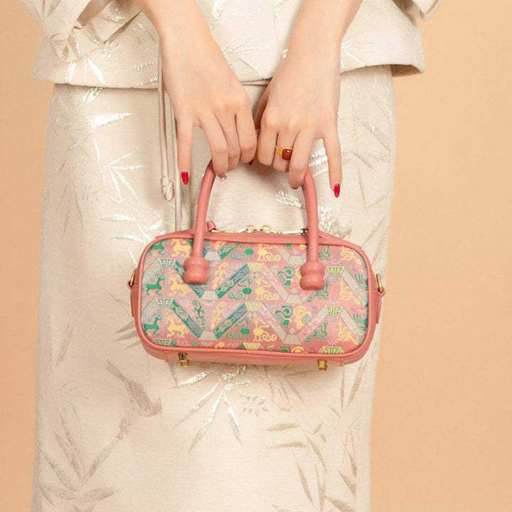 Silk Barrel Bag Cowhide Leather &amp; Shu Brocade Pink &amp; Gray Pu Tian Tong Qing